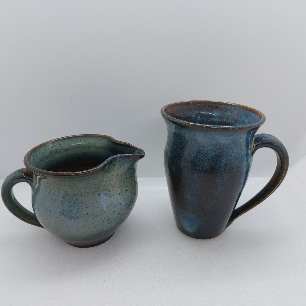 Blue With Brown Pottery Mug & Creamer Handcrafted
